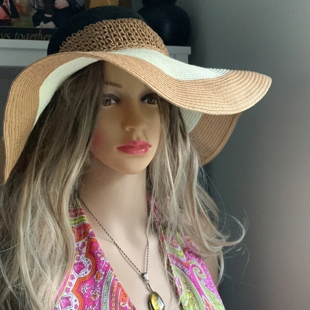 Floppy striped maxi‎ hat bohemian straw festive beach travel banded